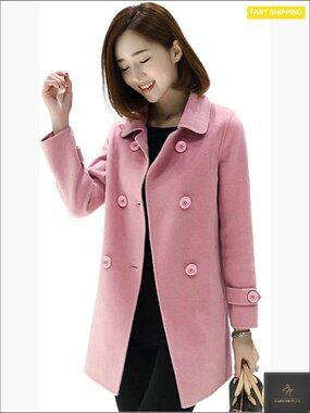 Wool Blend Peacoat Double Breasted Trench Coat Turn Down Collar Side Pockets